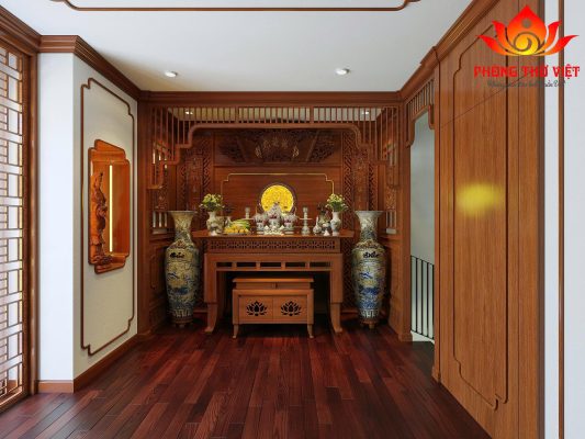 Phòng thờ biệt thự bằng gỗ tự nhiên – Giải pháp hoàn hảo cho không gian tâm linh đẳng cấp Trong kiến trúc nhà ở cao cấp, phòng thờ biệt thự luôn được xem là “trái tim tinh thần” của cả ngôi nhà. Đây không chỉ là nơi thể hiện lòng thành kính với tổ tiên mà còn phản ánh chiều sâu văn hóa và gu thẩm mỹ của gia chủ. Với xu hướng hiện nay, việc sử dụng gỗ tự nhiên trong thiết kế phòng thờ đang trở thành lựa chọn hàng đầu nhờ vẻ đẹp sang trọng và giá trị bền vững theo thời gian. 1. Vai trò của phòng thờ biệt thự trong không gian sống Một phòng thờ biệt thự được thiết kế bài bản sẽ mang lại nhiều giá trị: Là nơi kết nối tâm linh giữa các thế hệ Góp phần cân bằng năng lượng phong thủy trong nhà Tạo điểm nhấn kiến trúc sang trọng và tinh tế Thể hiện sự hiếu kính và truyền thống gia đình Khác với nhà phố hay căn hộ, biệt thự có diện tích rộng nên phòng thờ thường được đầu tư kỹ lưỡng cả về thiết kế lẫn vật liệu. 2. Ưu điểm nổi bật của phòng thờ gỗ tự nhiên Vẻ đẹp sang trọng và ấm cúng Gỗ tự nhiên mang đến màu sắc trầm ấm, tạo cảm giác gần gũi nhưng vẫn rất đẳng cấp. Các đường vân gỗ độc đáo giúp không gian phòng thờ biệt thự trở nên nổi bật mà không cần quá nhiều chi tiết cầu kỳ. Độ bền lâu dài So với các vật liệu khác, gỗ tự nhiên có tuổi thọ cao, ít bị ảnh hưởng bởi thời tiết nếu được xử lý tốt. Đây là yếu tố quan trọng vì phòng thờ thường ít thay đổi trong nhiều năm. Dễ chạm khắc hoa văn Gỗ tự nhiên rất phù hợp để chạm khắc các họa tiết truyền thống như: Hoa sen Rồng, phượng Họa tiết tứ linh, tứ quý Những chi tiết này giúp tăng thêm sự linh thiêng cho không gian thờ cúng. 3. Thiết kế phòng thờ biệt thự theo xu hướng hiện đại Không gian mở nhưng vẫn trang nghiêm Hiện nay, nhiều biệt thự lựa chọn thiết kế phòng thờ dạng mở, kết hợp vách ngăn gỗ CNC hoặc lam gỗ để tạo sự thông thoáng nhưng vẫn giữ được sự riêng tư cần thiết. Kết hợp ánh sáng thông minh Đèn LED âm trần ánh sáng vàng Đèn hắt phía sau vách thờ Ánh sáng tự nhiên từ cửa sổ bên hông Tất cả tạo nên một không gian ấm áp, nhẹ nhàng và linh thiêng. Tối giản chi tiết Xu hướng mới hướng đến sự tối giản, giảm bớt chi tiết rườm rà nhưng vẫn giữ được nét truyền thống, giúp phòng thờ biệt thự trở nên thanh thoát hơn. 4. Kích thước bàn thờ chuẩn phong thủy cho biệt thự Trong thiết kế này, bàn thờ có kích thước: Dài: 197 cm Cao: 127 cm Rộng: 107 cm Đây là kích thước đẹp theo thước Lỗ Ban, phù hợp với không gian biệt thự rộng rãi. Ý nghĩa phong thủy: Mang lại tài lộc và may mắn Tạo sự cân đối hài hòa Đảm bảo tính trang nghiêm cho khu vực thờ cúng Kích thước này cũng giúp gia chủ dễ dàng bố trí đầy đủ các vật phẩm thờ cúng mà không bị chật chội. 5. Cách bố trí phòng thờ biệt thự khoa học Để có một phòng thờ biệt thự chuẩn chỉnh, cần lưu ý cách bố trí: Trung tâm là bàn thờ Bàn thờ luôn là điểm nhấn chính, đặt ở vị trí cao ráo, vững chắc. Hai bên cân đối Lọ hoa, đèn thờ Lục bình hoặc tượng trang trí Phía trước bàn thờ Bàn con hoặc ghế quỳ Không gian đủ rộng để hành lễ Không gian xung quanh Thông thoáng nhưng kín đáo Tránh đặt vật dụng không liên quan 6. Những nguyên tắc phong thủy quan trọng Khi thiết kế phòng thờ biệt thự, gia chủ cần lưu ý: Không đặt bàn thờ dưới xà ngang Tránh đối diện cửa chính hoặc nhà vệ sinh Không đặt gần khu vực ồn ào Luôn giữ không gian sạch sẽ, gọn gàng Ngoài ra, hướng bàn thờ nên hợp với tuổi và mệnh của gia chủ để tăng vượng khí. 7. Chất liệu và màu sắc phù hợp Chất liệu Gỗ gõ đỏ: sang trọng, bền bỉ Gỗ hương: thơm nhẹ, vân đẹp Gỗ óc chó: hiện đại, cao cấp Màu sắc Nâu đỏ Cánh gián Nâu trầm Những gam màu này giúp không gian phòng thờ biệt thự trở nên ấm cúng và linh thiêng hơn. 8. Lưu ý khi thi công phòng thờ biệt thự Chọn đơn vị thi công uy tín Đảm bảo gỗ được xử lý chống mối mọt Thi công đúng kích thước phong thủy Kiểm tra hệ thống điện, ánh sáng an toàn Việc đầu tư đúng ngay từ đầu sẽ giúp phòng thờ giữ được vẻ đẹp lâu dài. FAQ – Câu hỏi thường gặp về phòng thờ biệt thự 1. Phòng thờ biệt thự có cần tách biệt hoàn toàn không? Không bắt buộc, nhưng nên có vách ngăn để đảm bảo sự riêng tư và trang nghiêm. 2. Có nên đặt phòng thờ gần ban công không? Có thể, nếu đảm bảo không bị gió thổi trực tiếp vào bàn thờ. 3. Kích thước bàn thờ 197x127x107 cm có phổ biến không? Đây là kích thước đẹp, được nhiều gia chủ biệt thự lựa chọn vì phù hợp phong thủy. 4. Nên chọn phong cách cổ điển hay hiện đại? Tùy vào tổng thể kiến trúc biệt thự, nhưng xu hướng hiện nay là kết hợp cả hai. 5. Bao lâu nên bảo trì phòng thờ một lần? Nên kiểm tra và vệ sinh định kỳ 3–6 tháng/lần để đảm bảo không gian luôn sạch sẽ và trang nghiêm. Kết luận Thiết kế phòng thờ biệt thự bằng gỗ tự nhiên không chỉ mang lại giá trị thẩm mỹ mà còn góp phần tạo nên không gian tâm linh trang nghiêm, bền vững. Với kích thước bàn thờ chuẩn cùng cách bố trí hợp lý, gia chủ hoàn toàn có thể sở hữu một không gian thờ cúng lý tưởng, vừa đẹp vừa chuẩn phong thủy. Nếu bạn đang xây dựng hoặc cải tạo biệt thự, đừng bỏ qua việc đầu tư cho phòng thờ – bởi đây chính là nơi giữ gìn giá trị tinh thần và truyền thống cho cả gia đình.