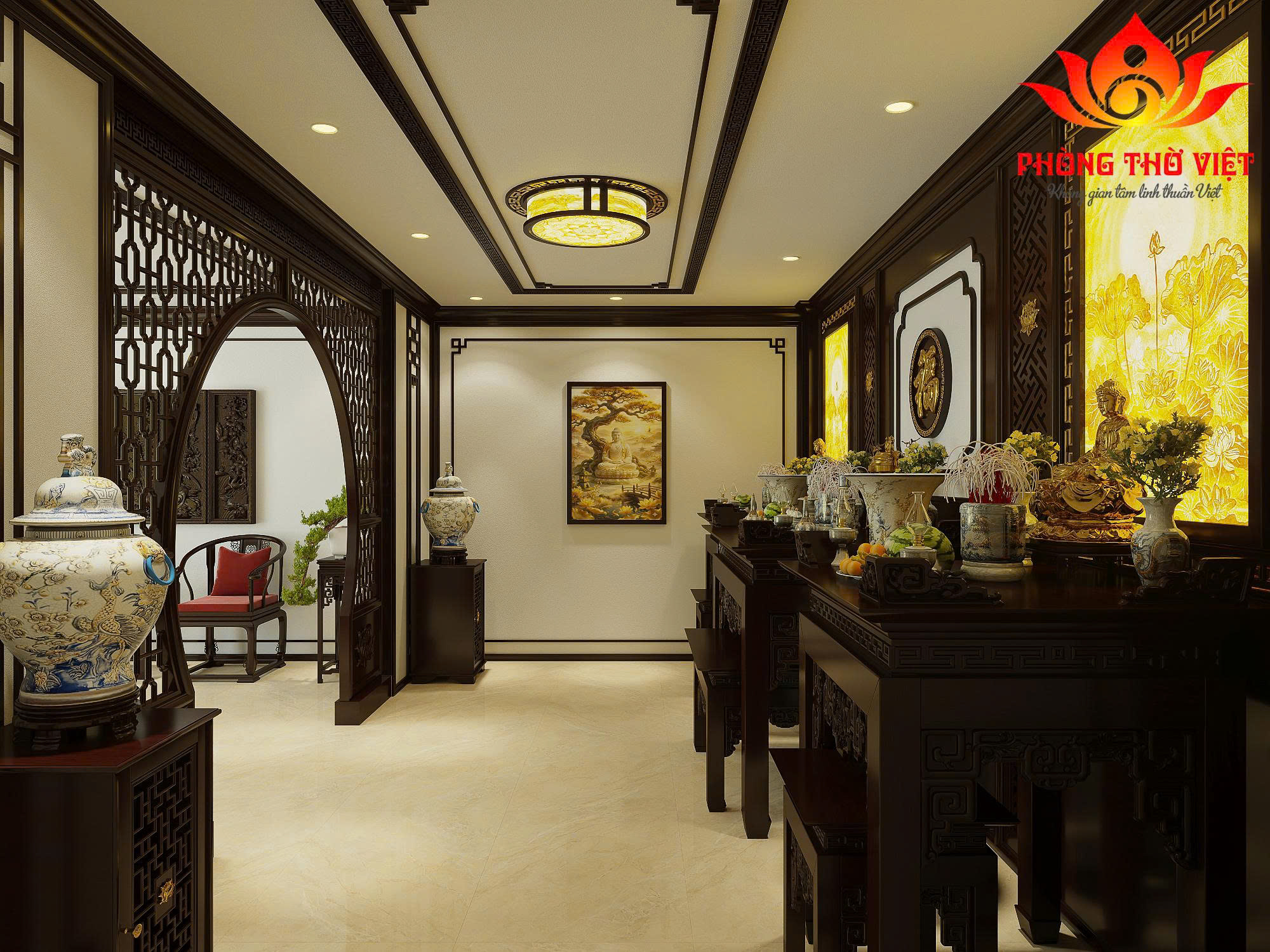 Phòng thờ biệt thự bằng gỗ tự nhiên – Giải pháp hoàn hảo cho không gian tâm linh đẳng cấp Trong kiến trúc nhà ở cao cấp, phòng thờ biệt thự luôn được xem là “trái tim tinh thần” của cả ngôi nhà. Đây không chỉ là nơi thể hiện lòng thành kính với tổ tiên mà còn phản ánh chiều sâu văn hóa và gu thẩm mỹ của gia chủ. Với xu hướng hiện nay, việc sử dụng gỗ tự nhiên trong thiết kế phòng thờ đang trở thành lựa chọn hàng đầu nhờ vẻ đẹp sang trọng và giá trị bền vững theo thời gian. 1. Vai trò của phòng thờ biệt thự trong không gian sống Một phòng thờ biệt thự được thiết kế bài bản sẽ mang lại nhiều giá trị: Là nơi kết nối tâm linh giữa các thế hệ Góp phần cân bằng năng lượng phong thủy trong nhà Tạo điểm nhấn kiến trúc sang trọng và tinh tế Thể hiện sự hiếu kính và truyền thống gia đình Khác với nhà phố hay căn hộ, biệt thự có diện tích rộng nên phòng thờ thường được đầu tư kỹ lưỡng cả về thiết kế lẫn vật liệu. 2. Ưu điểm nổi bật của phòng thờ gỗ tự nhiên Vẻ đẹp sang trọng và ấm cúng Gỗ tự nhiên mang đến màu sắc trầm ấm, tạo cảm giác gần gũi nhưng vẫn rất đẳng cấp. Các đường vân gỗ độc đáo giúp không gian phòng thờ biệt thự trở nên nổi bật mà không cần quá nhiều chi tiết cầu kỳ. Độ bền lâu dài So với các vật liệu khác, gỗ tự nhiên có tuổi thọ cao, ít bị ảnh hưởng bởi thời tiết nếu được xử lý tốt. Đây là yếu tố quan trọng vì phòng thờ thường ít thay đổi trong nhiều năm. Dễ chạm khắc hoa văn Gỗ tự nhiên rất phù hợp để chạm khắc các họa tiết truyền thống như: Hoa sen Rồng, phượng Họa tiết tứ linh, tứ quý Những chi tiết này giúp tăng thêm sự linh thiêng cho không gian thờ cúng. 3. Thiết kế phòng thờ biệt thự theo xu hướng hiện đại Không gian mở nhưng vẫn trang nghiêm Hiện nay, nhiều biệt thự lựa chọn thiết kế phòng thờ dạng mở, kết hợp vách ngăn gỗ CNC hoặc lam gỗ để tạo sự thông thoáng nhưng vẫn giữ được sự riêng tư cần thiết. Kết hợp ánh sáng thông minh Đèn LED âm trần ánh sáng vàng Đèn hắt phía sau vách thờ Ánh sáng tự nhiên từ cửa sổ bên hông Tất cả tạo nên một không gian ấm áp, nhẹ nhàng và linh thiêng. Tối giản chi tiết Xu hướng mới hướng đến sự tối giản, giảm bớt chi tiết rườm rà nhưng vẫn giữ được nét truyền thống, giúp phòng thờ biệt thự trở nên thanh thoát hơn. 4. Kích thước bàn thờ chuẩn phong thủy cho biệt thự Trong thiết kế này, bàn thờ có kích thước: Dài: 197 cm Cao: 127 cm Rộng: 107 cm Đây là kích thước đẹp theo thước Lỗ Ban, phù hợp với không gian biệt thự rộng rãi. Ý nghĩa phong thủy: Mang lại tài lộc và may mắn Tạo sự cân đối hài hòa Đảm bảo tính trang nghiêm cho khu vực thờ cúng Kích thước này cũng giúp gia chủ dễ dàng bố trí đầy đủ các vật phẩm thờ cúng mà không bị chật chội. 5. Cách bố trí phòng thờ biệt thự khoa học Để có một phòng thờ biệt thự chuẩn chỉnh, cần lưu ý cách bố trí: Trung tâm là bàn thờ Bàn thờ luôn là điểm nhấn chính, đặt ở vị trí cao ráo, vững chắc. Hai bên cân đối Lọ hoa, đèn thờ Lục bình hoặc tượng trang trí Phía trước bàn thờ Bàn con hoặc ghế quỳ Không gian đủ rộng để hành lễ Không gian xung quanh Thông thoáng nhưng kín đáo Tránh đặt vật dụng không liên quan 6. Những nguyên tắc phong thủy quan trọng Khi thiết kế phòng thờ biệt thự, gia chủ cần lưu ý: Không đặt bàn thờ dưới xà ngang Tránh đối diện cửa chính hoặc nhà vệ sinh Không đặt gần khu vực ồn ào Luôn giữ không gian sạch sẽ, gọn gàng Ngoài ra, hướng bàn thờ nên hợp với tuổi và mệnh của gia chủ để tăng vượng khí. 7. Chất liệu và màu sắc phù hợp Chất liệu Gỗ gõ đỏ: sang trọng, bền bỉ Gỗ hương: thơm nhẹ, vân đẹp Gỗ óc chó: hiện đại, cao cấp Màu sắc Nâu đỏ Cánh gián Nâu trầm Những gam màu này giúp không gian phòng thờ biệt thự trở nên ấm cúng và linh thiêng hơn. 8. Lưu ý khi thi công phòng thờ biệt thự Chọn đơn vị thi công uy tín Đảm bảo gỗ được xử lý chống mối mọt Thi công đúng kích thước phong thủy Kiểm tra hệ thống điện, ánh sáng an toàn Việc đầu tư đúng ngay từ đầu sẽ giúp phòng thờ giữ được vẻ đẹp lâu dài. FAQ – Câu hỏi thường gặp về phòng thờ biệt thự 1. Phòng thờ biệt thự có cần tách biệt hoàn toàn không? Không bắt buộc, nhưng nên có vách ngăn để đảm bảo sự riêng tư và trang nghiêm. 2. Có nên đặt phòng thờ gần ban công không? Có thể, nếu đảm bảo không bị gió thổi trực tiếp vào bàn thờ. 3. Kích thước bàn thờ 197x127x107 cm có phổ biến không? Đây là kích thước đẹp, được nhiều gia chủ biệt thự lựa chọn vì phù hợp phong thủy. 4. Nên chọn phong cách cổ điển hay hiện đại? Tùy vào tổng thể kiến trúc biệt thự, nhưng xu hướng hiện nay là kết hợp cả hai. 5. Bao lâu nên bảo trì phòng thờ một lần? Nên kiểm tra và vệ sinh định kỳ 3–6 tháng/lần để đảm bảo không gian luôn sạch sẽ và trang nghiêm. Kết luận Thiết kế phòng thờ biệt thự bằng gỗ tự nhiên không chỉ mang lại giá trị thẩm mỹ mà còn góp phần tạo nên không gian tâm linh trang nghiêm, bền vững. Với kích thước bàn thờ chuẩn cùng cách bố trí hợp lý, gia chủ hoàn toàn có thể sở hữu một không gian thờ cúng lý tưởng, vừa đẹp vừa chuẩn phong thủy. Nếu bạn đang xây dựng hoặc cải tạo biệt thự, đừng bỏ qua việc đầu tư cho phòng thờ – bởi đây chính là nơi giữ gìn giá trị tinh thần và truyền thống cho cả gia đình.