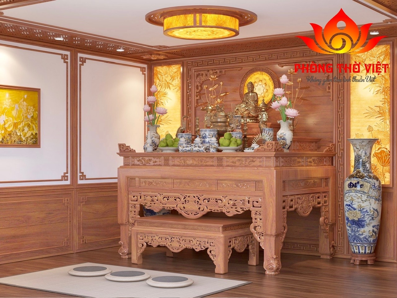 Phòng thờ biệt thự bằng gỗ tự nhiên – Giải pháp hoàn hảo cho không gian tâm linh đẳng cấp Trong kiến trúc nhà ở cao cấp, phòng thờ biệt thự luôn được xem là “trái tim tinh thần” của cả ngôi nhà. Đây không chỉ là nơi thể hiện lòng thành kính với tổ tiên mà còn phản ánh chiều sâu văn hóa và gu thẩm mỹ của gia chủ. Với xu hướng hiện nay, việc sử dụng gỗ tự nhiên trong thiết kế phòng thờ đang trở thành lựa chọn hàng đầu nhờ vẻ đẹp sang trọng và giá trị bền vững theo thời gian. 1. Vai trò của phòng thờ biệt thự trong không gian sống Một phòng thờ biệt thự được thiết kế bài bản sẽ mang lại nhiều giá trị: Là nơi kết nối tâm linh giữa các thế hệ Góp phần cân bằng năng lượng phong thủy trong nhà Tạo điểm nhấn kiến trúc sang trọng và tinh tế Thể hiện sự hiếu kính và truyền thống gia đình Khác với nhà phố hay căn hộ, biệt thự có diện tích rộng nên phòng thờ thường được đầu tư kỹ lưỡng cả về thiết kế lẫn vật liệu. 2. Ưu điểm nổi bật của phòng thờ gỗ tự nhiên Vẻ đẹp sang trọng và ấm cúng Gỗ tự nhiên mang đến màu sắc trầm ấm, tạo cảm giác gần gũi nhưng vẫn rất đẳng cấp. Các đường vân gỗ độc đáo giúp không gian phòng thờ biệt thự trở nên nổi bật mà không cần quá nhiều chi tiết cầu kỳ. Độ bền lâu dài So với các vật liệu khác, gỗ tự nhiên có tuổi thọ cao, ít bị ảnh hưởng bởi thời tiết nếu được xử lý tốt. Đây là yếu tố quan trọng vì phòng thờ thường ít thay đổi trong nhiều năm. Dễ chạm khắc hoa văn Gỗ tự nhiên rất phù hợp để chạm khắc các họa tiết truyền thống như: Hoa sen Rồng, phượng Họa tiết tứ linh, tứ quý Những chi tiết này giúp tăng thêm sự linh thiêng cho không gian thờ cúng. 3. Thiết kế phòng thờ biệt thự theo xu hướng hiện đại Không gian mở nhưng vẫn trang nghiêm Hiện nay, nhiều biệt thự lựa chọn thiết kế phòng thờ dạng mở, kết hợp vách ngăn gỗ CNC hoặc lam gỗ để tạo sự thông thoáng nhưng vẫn giữ được sự riêng tư cần thiết. Kết hợp ánh sáng thông minh Đèn LED âm trần ánh sáng vàng Đèn hắt phía sau vách thờ Ánh sáng tự nhiên từ cửa sổ bên hông Tất cả tạo nên một không gian ấm áp, nhẹ nhàng và linh thiêng. Tối giản chi tiết Xu hướng mới hướng đến sự tối giản, giảm bớt chi tiết rườm rà nhưng vẫn giữ được nét truyền thống, giúp phòng thờ biệt thự trở nên thanh thoát hơn. 4. Kích thước bàn thờ chuẩn phong thủy cho biệt thự Trong thiết kế này, bàn thờ có kích thước: Dài: 197 cm Cao: 127 cm Rộng: 107 cm Đây là kích thước đẹp theo thước Lỗ Ban, phù hợp với không gian biệt thự rộng rãi. Ý nghĩa phong thủy: Mang lại tài lộc và may mắn Tạo sự cân đối hài hòa Đảm bảo tính trang nghiêm cho khu vực thờ cúng Kích thước này cũng giúp gia chủ dễ dàng bố trí đầy đủ các vật phẩm thờ cúng mà không bị chật chội. 5. Cách bố trí phòng thờ biệt thự khoa học Để có một phòng thờ biệt thự chuẩn chỉnh, cần lưu ý cách bố trí: Trung tâm là bàn thờ Bàn thờ luôn là điểm nhấn chính, đặt ở vị trí cao ráo, vững chắc. Hai bên cân đối Lọ hoa, đèn thờ Lục bình hoặc tượng trang trí Phía trước bàn thờ Bàn con hoặc ghế quỳ Không gian đủ rộng để hành lễ Không gian xung quanh Thông thoáng nhưng kín đáo Tránh đặt vật dụng không liên quan 6. Những nguyên tắc phong thủy quan trọng Khi thiết kế phòng thờ biệt thự, gia chủ cần lưu ý: Không đặt bàn thờ dưới xà ngang Tránh đối diện cửa chính hoặc nhà vệ sinh Không đặt gần khu vực ồn ào Luôn giữ không gian sạch sẽ, gọn gàng Ngoài ra, hướng bàn thờ nên hợp với tuổi và mệnh của gia chủ để tăng vượng khí. 7. Chất liệu và màu sắc phù hợp Chất liệu Gỗ gõ đỏ: sang trọng, bền bỉ Gỗ hương: thơm nhẹ, vân đẹp Gỗ óc chó: hiện đại, cao cấp Màu sắc Nâu đỏ Cánh gián Nâu trầm Những gam màu này giúp không gian phòng thờ biệt thự trở nên ấm cúng và linh thiêng hơn. 8. Lưu ý khi thi công phòng thờ biệt thự Chọn đơn vị thi công uy tín Đảm bảo gỗ được xử lý chống mối mọt Thi công đúng kích thước phong thủy Kiểm tra hệ thống điện, ánh sáng an toàn Việc đầu tư đúng ngay từ đầu sẽ giúp phòng thờ giữ được vẻ đẹp lâu dài. FAQ – Câu hỏi thường gặp về phòng thờ biệt thự 1. Phòng thờ biệt thự có cần tách biệt hoàn toàn không? Không bắt buộc, nhưng nên có vách ngăn để đảm bảo sự riêng tư và trang nghiêm. 2. Có nên đặt phòng thờ gần ban công không? Có thể, nếu đảm bảo không bị gió thổi trực tiếp vào bàn thờ. 3. Kích thước bàn thờ 197x127x107 cm có phổ biến không? Đây là kích thước đẹp, được nhiều gia chủ biệt thự lựa chọn vì phù hợp phong thủy. 4. Nên chọn phong cách cổ điển hay hiện đại? Tùy vào tổng thể kiến trúc biệt thự, nhưng xu hướng hiện nay là kết hợp cả hai. 5. Bao lâu nên bảo trì phòng thờ một lần? Nên kiểm tra và vệ sinh định kỳ 3–6 tháng/lần để đảm bảo không gian luôn sạch sẽ và trang nghiêm. Kết luận Thiết kế phòng thờ biệt thự bằng gỗ tự nhiên không chỉ mang lại giá trị thẩm mỹ mà còn góp phần tạo nên không gian tâm linh trang nghiêm, bền vững. Với kích thước bàn thờ chuẩn cùng cách bố trí hợp lý, gia chủ hoàn toàn có thể sở hữu một không gian thờ cúng lý tưởng, vừa đẹp vừa chuẩn phong thủy. Nếu bạn đang xây dựng hoặc cải tạo biệt thự, đừng bỏ qua việc đầu tư cho phòng thờ – bởi đây chính là nơi giữ gìn giá trị tinh thần và truyền thống cho cả gia đình.