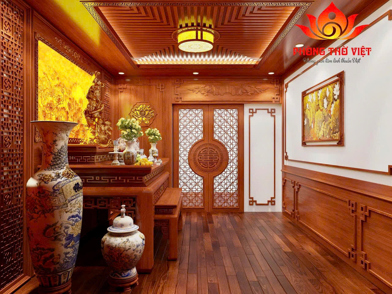 Phòng thờ biệt thự bằng gỗ tự nhiên – Giải pháp hoàn hảo cho không gian tâm linh đẳng cấp Trong kiến trúc nhà ở cao cấp, phòng thờ biệt thự luôn được xem là “trái tim tinh thần” của cả ngôi nhà. Đây không chỉ là nơi thể hiện lòng thành kính với tổ tiên mà còn phản ánh chiều sâu văn hóa và gu thẩm mỹ của gia chủ. Với xu hướng hiện nay, việc sử dụng gỗ tự nhiên trong thiết kế phòng thờ đang trở thành lựa chọn hàng đầu nhờ vẻ đẹp sang trọng và giá trị bền vững theo thời gian. 1. Vai trò của phòng thờ biệt thự trong không gian sống Một phòng thờ biệt thự được thiết kế bài bản sẽ mang lại nhiều giá trị: Là nơi kết nối tâm linh giữa các thế hệ Góp phần cân bằng năng lượng phong thủy trong nhà Tạo điểm nhấn kiến trúc sang trọng và tinh tế Thể hiện sự hiếu kính và truyền thống gia đình Khác với nhà phố hay căn hộ, biệt thự có diện tích rộng nên phòng thờ thường được đầu tư kỹ lưỡng cả về thiết kế lẫn vật liệu. 2. Ưu điểm nổi bật của phòng thờ gỗ tự nhiên Vẻ đẹp sang trọng và ấm cúng Gỗ tự nhiên mang đến màu sắc trầm ấm, tạo cảm giác gần gũi nhưng vẫn rất đẳng cấp. Các đường vân gỗ độc đáo giúp không gian phòng thờ biệt thự trở nên nổi bật mà không cần quá nhiều chi tiết cầu kỳ. Độ bền lâu dài So với các vật liệu khác, gỗ tự nhiên có tuổi thọ cao, ít bị ảnh hưởng bởi thời tiết nếu được xử lý tốt. Đây là yếu tố quan trọng vì phòng thờ thường ít thay đổi trong nhiều năm. Dễ chạm khắc hoa văn Gỗ tự nhiên rất phù hợp để chạm khắc các họa tiết truyền thống như: Hoa sen Rồng, phượng Họa tiết tứ linh, tứ quý Những chi tiết này giúp tăng thêm sự linh thiêng cho không gian thờ cúng. 3. Thiết kế phòng thờ biệt thự theo xu hướng hiện đại Không gian mở nhưng vẫn trang nghiêm Hiện nay, nhiều biệt thự lựa chọn thiết kế phòng thờ dạng mở, kết hợp vách ngăn gỗ CNC hoặc lam gỗ để tạo sự thông thoáng nhưng vẫn giữ được sự riêng tư cần thiết. Kết hợp ánh sáng thông minh Đèn LED âm trần ánh sáng vàng Đèn hắt phía sau vách thờ Ánh sáng tự nhiên từ cửa sổ bên hông Tất cả tạo nên một không gian ấm áp, nhẹ nhàng và linh thiêng. Tối giản chi tiết Xu hướng mới hướng đến sự tối giản, giảm bớt chi tiết rườm rà nhưng vẫn giữ được nét truyền thống, giúp phòng thờ biệt thự trở nên thanh thoát hơn. 4. Kích thước bàn thờ chuẩn phong thủy cho biệt thự Trong thiết kế này, bàn thờ có kích thước: Dài: 197 cm Cao: 127 cm Rộng: 107 cm Đây là kích thước đẹp theo thước Lỗ Ban, phù hợp với không gian biệt thự rộng rãi. Ý nghĩa phong thủy: Mang lại tài lộc và may mắn Tạo sự cân đối hài hòa Đảm bảo tính trang nghiêm cho khu vực thờ cúng Kích thước này cũng giúp gia chủ dễ dàng bố trí đầy đủ các vật phẩm thờ cúng mà không bị chật chội. 5. Cách bố trí phòng thờ biệt thự khoa học Để có một phòng thờ biệt thự chuẩn chỉnh, cần lưu ý cách bố trí: Trung tâm là bàn thờ Bàn thờ luôn là điểm nhấn chính, đặt ở vị trí cao ráo, vững chắc. Hai bên cân đối Lọ hoa, đèn thờ Lục bình hoặc tượng trang trí Phía trước bàn thờ Bàn con hoặc ghế quỳ Không gian đủ rộng để hành lễ Không gian xung quanh Thông thoáng nhưng kín đáo Tránh đặt vật dụng không liên quan 6. Những nguyên tắc phong thủy quan trọng Khi thiết kế phòng thờ biệt thự, gia chủ cần lưu ý: Không đặt bàn thờ dưới xà ngang Tránh đối diện cửa chính hoặc nhà vệ sinh Không đặt gần khu vực ồn ào Luôn giữ không gian sạch sẽ, gọn gàng Ngoài ra, hướng bàn thờ nên hợp với tuổi và mệnh của gia chủ để tăng vượng khí. 7. Chất liệu và màu sắc phù hợp Chất liệu Gỗ gõ đỏ: sang trọng, bền bỉ Gỗ hương: thơm nhẹ, vân đẹp Gỗ óc chó: hiện đại, cao cấp Màu sắc Nâu đỏ Cánh gián Nâu trầm Những gam màu này giúp không gian phòng thờ biệt thự trở nên ấm cúng và linh thiêng hơn. 8. Lưu ý khi thi công phòng thờ biệt thự Chọn đơn vị thi công uy tín Đảm bảo gỗ được xử lý chống mối mọt Thi công đúng kích thước phong thủy Kiểm tra hệ thống điện, ánh sáng an toàn Việc đầu tư đúng ngay từ đầu sẽ giúp phòng thờ giữ được vẻ đẹp lâu dài. FAQ – Câu hỏi thường gặp về phòng thờ biệt thự 1. Phòng thờ biệt thự có cần tách biệt hoàn toàn không? Không bắt buộc, nhưng nên có vách ngăn để đảm bảo sự riêng tư và trang nghiêm. 2. Có nên đặt phòng thờ gần ban công không? Có thể, nếu đảm bảo không bị gió thổi trực tiếp vào bàn thờ. 3. Kích thước bàn thờ 197x127x107 cm có phổ biến không? Đây là kích thước đẹp, được nhiều gia chủ biệt thự lựa chọn vì phù hợp phong thủy. 4. Nên chọn phong cách cổ điển hay hiện đại? Tùy vào tổng thể kiến trúc biệt thự, nhưng xu hướng hiện nay là kết hợp cả hai. 5. Bao lâu nên bảo trì phòng thờ một lần? Nên kiểm tra và vệ sinh định kỳ 3–6 tháng/lần để đảm bảo không gian luôn sạch sẽ và trang nghiêm. Kết luận Thiết kế phòng thờ biệt thự bằng gỗ tự nhiên không chỉ mang lại giá trị thẩm mỹ mà còn góp phần tạo nên không gian tâm linh trang nghiêm, bền vững. Với kích thước bàn thờ chuẩn cùng cách bố trí hợp lý, gia chủ hoàn toàn có thể sở hữu một không gian thờ cúng lý tưởng, vừa đẹp vừa chuẩn phong thủy. Nếu bạn đang xây dựng hoặc cải tạo biệt thự, đừng bỏ qua việc đầu tư cho phòng thờ – bởi đây chính là nơi giữ gìn giá trị tinh thần và truyền thống cho cả gia đình.