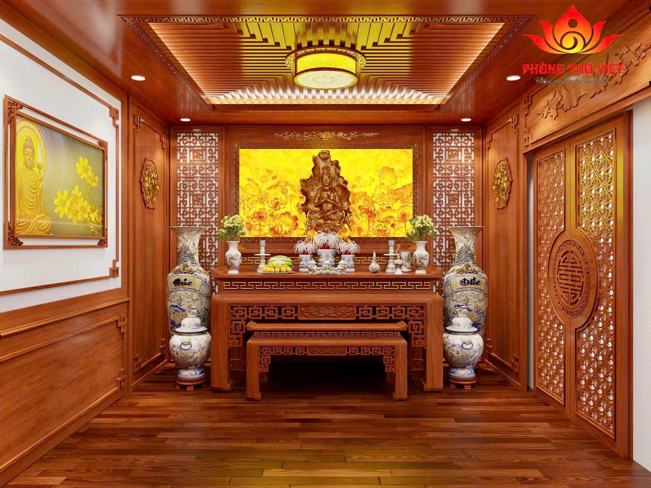Phòng thờ biệt thự bằng gỗ tự nhiên – Giải pháp hoàn hảo cho không gian tâm linh đẳng cấp Trong kiến trúc nhà ở cao cấp, phòng thờ biệt thự luôn được xem là “trái tim tinh thần” của cả ngôi nhà. Đây không chỉ là nơi thể hiện lòng thành kính với tổ tiên mà còn phản ánh chiều sâu văn hóa và gu thẩm mỹ của gia chủ. Với xu hướng hiện nay, việc sử dụng gỗ tự nhiên trong thiết kế phòng thờ đang trở thành lựa chọn hàng đầu nhờ vẻ đẹp sang trọng và giá trị bền vững theo thời gian. 1. Vai trò của phòng thờ biệt thự trong không gian sống Một phòng thờ biệt thự được thiết kế bài bản sẽ mang lại nhiều giá trị: Là nơi kết nối tâm linh giữa các thế hệ Góp phần cân bằng năng lượng phong thủy trong nhà Tạo điểm nhấn kiến trúc sang trọng và tinh tế Thể hiện sự hiếu kính và truyền thống gia đình Khác với nhà phố hay căn hộ, biệt thự có diện tích rộng nên phòng thờ thường được đầu tư kỹ lưỡng cả về thiết kế lẫn vật liệu. 2. Ưu điểm nổi bật của phòng thờ gỗ tự nhiên Vẻ đẹp sang trọng và ấm cúng Gỗ tự nhiên mang đến màu sắc trầm ấm, tạo cảm giác gần gũi nhưng vẫn rất đẳng cấp. Các đường vân gỗ độc đáo giúp không gian phòng thờ biệt thự trở nên nổi bật mà không cần quá nhiều chi tiết cầu kỳ. Độ bền lâu dài So với các vật liệu khác, gỗ tự nhiên có tuổi thọ cao, ít bị ảnh hưởng bởi thời tiết nếu được xử lý tốt. Đây là yếu tố quan trọng vì phòng thờ thường ít thay đổi trong nhiều năm. Dễ chạm khắc hoa văn Gỗ tự nhiên rất phù hợp để chạm khắc các họa tiết truyền thống như: Hoa sen Rồng, phượng Họa tiết tứ linh, tứ quý Những chi tiết này giúp tăng thêm sự linh thiêng cho không gian thờ cúng. 3. Thiết kế phòng thờ biệt thự theo xu hướng hiện đại Không gian mở nhưng vẫn trang nghiêm Hiện nay, nhiều biệt thự lựa chọn thiết kế phòng thờ dạng mở, kết hợp vách ngăn gỗ CNC hoặc lam gỗ để tạo sự thông thoáng nhưng vẫn giữ được sự riêng tư cần thiết. Kết hợp ánh sáng thông minh Đèn LED âm trần ánh sáng vàng Đèn hắt phía sau vách thờ Ánh sáng tự nhiên từ cửa sổ bên hông Tất cả tạo nên một không gian ấm áp, nhẹ nhàng và linh thiêng. Tối giản chi tiết Xu hướng mới hướng đến sự tối giản, giảm bớt chi tiết rườm rà nhưng vẫn giữ được nét truyền thống, giúp phòng thờ biệt thự trở nên thanh thoát hơn. 4. Kích thước bàn thờ chuẩn phong thủy cho biệt thự Trong thiết kế này, bàn thờ có kích thước: Dài: 197 cm Cao: 127 cm Rộng: 107 cm Đây là kích thước đẹp theo thước Lỗ Ban, phù hợp với không gian biệt thự rộng rãi. Ý nghĩa phong thủy: Mang lại tài lộc và may mắn Tạo sự cân đối hài hòa Đảm bảo tính trang nghiêm cho khu vực thờ cúng Kích thước này cũng giúp gia chủ dễ dàng bố trí đầy đủ các vật phẩm thờ cúng mà không bị chật chội. 5. Cách bố trí phòng thờ biệt thự khoa học Để có một phòng thờ biệt thự chuẩn chỉnh, cần lưu ý cách bố trí: Trung tâm là bàn thờ Bàn thờ luôn là điểm nhấn chính, đặt ở vị trí cao ráo, vững chắc. Hai bên cân đối Lọ hoa, đèn thờ Lục bình hoặc tượng trang trí Phía trước bàn thờ Bàn con hoặc ghế quỳ Không gian đủ rộng để hành lễ Không gian xung quanh Thông thoáng nhưng kín đáo Tránh đặt vật dụng không liên quan 6. Những nguyên tắc phong thủy quan trọng Khi thiết kế phòng thờ biệt thự, gia chủ cần lưu ý: Không đặt bàn thờ dưới xà ngang Tránh đối diện cửa chính hoặc nhà vệ sinh Không đặt gần khu vực ồn ào Luôn giữ không gian sạch sẽ, gọn gàng Ngoài ra, hướng bàn thờ nên hợp với tuổi và mệnh của gia chủ để tăng vượng khí. 7. Chất liệu và màu sắc phù hợp Chất liệu Gỗ gõ đỏ: sang trọng, bền bỉ Gỗ hương: thơm nhẹ, vân đẹp Gỗ óc chó: hiện đại, cao cấp Màu sắc Nâu đỏ Cánh gián Nâu trầm Những gam màu này giúp không gian phòng thờ biệt thự trở nên ấm cúng và linh thiêng hơn. 8. Lưu ý khi thi công phòng thờ biệt thự Chọn đơn vị thi công uy tín Đảm bảo gỗ được xử lý chống mối mọt Thi công đúng kích thước phong thủy Kiểm tra hệ thống điện, ánh sáng an toàn Việc đầu tư đúng ngay từ đầu sẽ giúp phòng thờ giữ được vẻ đẹp lâu dài. FAQ – Câu hỏi thường gặp về phòng thờ biệt thự 1. Phòng thờ biệt thự có cần tách biệt hoàn toàn không? Không bắt buộc, nhưng nên có vách ngăn để đảm bảo sự riêng tư và trang nghiêm. 2. Có nên đặt phòng thờ gần ban công không? Có thể, nếu đảm bảo không bị gió thổi trực tiếp vào bàn thờ. 3. Kích thước bàn thờ 197x127x107 cm có phổ biến không? Đây là kích thước đẹp, được nhiều gia chủ biệt thự lựa chọn vì phù hợp phong thủy. 4. Nên chọn phong cách cổ điển hay hiện đại? Tùy vào tổng thể kiến trúc biệt thự, nhưng xu hướng hiện nay là kết hợp cả hai. 5. Bao lâu nên bảo trì phòng thờ một lần? Nên kiểm tra và vệ sinh định kỳ 3–6 tháng/lần để đảm bảo không gian luôn sạch sẽ và trang nghiêm. Kết luận Thiết kế phòng thờ biệt thự bằng gỗ tự nhiên không chỉ mang lại giá trị thẩm mỹ mà còn góp phần tạo nên không gian tâm linh trang nghiêm, bền vững. Với kích thước bàn thờ chuẩn cùng cách bố trí hợp lý, gia chủ hoàn toàn có thể sở hữu một không gian thờ cúng lý tưởng, vừa đẹp vừa chuẩn phong thủy. Nếu bạn đang xây dựng hoặc cải tạo biệt thự, đừng bỏ qua việc đầu tư cho phòng thờ – bởi đây chính là nơi giữ gìn giá trị tinh thần và truyền thống cho cả gia đình.