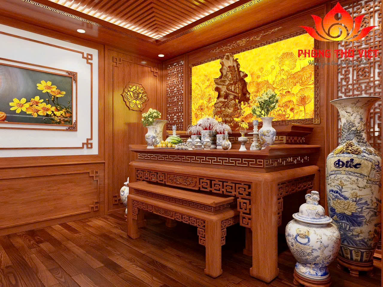 Phòng thờ biệt thự bằng gỗ tự nhiên – Giải pháp hoàn hảo cho không gian tâm linh đẳng cấp Trong kiến trúc nhà ở cao cấp, phòng thờ biệt thự luôn được xem là “trái tim tinh thần” của cả ngôi nhà. Đây không chỉ là nơi thể hiện lòng thành kính với tổ tiên mà còn phản ánh chiều sâu văn hóa và gu thẩm mỹ của gia chủ. Với xu hướng hiện nay, việc sử dụng gỗ tự nhiên trong thiết kế phòng thờ đang trở thành lựa chọn hàng đầu nhờ vẻ đẹp sang trọng và giá trị bền vững theo thời gian. 1. Vai trò của phòng thờ biệt thự trong không gian sống Một phòng thờ biệt thự được thiết kế bài bản sẽ mang lại nhiều giá trị: Là nơi kết nối tâm linh giữa các thế hệ Góp phần cân bằng năng lượng phong thủy trong nhà Tạo điểm nhấn kiến trúc sang trọng và tinh tế Thể hiện sự hiếu kính và truyền thống gia đình Khác với nhà phố hay căn hộ, biệt thự có diện tích rộng nên phòng thờ thường được đầu tư kỹ lưỡng cả về thiết kế lẫn vật liệu. 2. Ưu điểm nổi bật của phòng thờ gỗ tự nhiên Vẻ đẹp sang trọng và ấm cúng Gỗ tự nhiên mang đến màu sắc trầm ấm, tạo cảm giác gần gũi nhưng vẫn rất đẳng cấp. Các đường vân gỗ độc đáo giúp không gian phòng thờ biệt thự trở nên nổi bật mà không cần quá nhiều chi tiết cầu kỳ. Độ bền lâu dài So với các vật liệu khác, gỗ tự nhiên có tuổi thọ cao, ít bị ảnh hưởng bởi thời tiết nếu được xử lý tốt. Đây là yếu tố quan trọng vì phòng thờ thường ít thay đổi trong nhiều năm. Dễ chạm khắc hoa văn Gỗ tự nhiên rất phù hợp để chạm khắc các họa tiết truyền thống như: Hoa sen Rồng, phượng Họa tiết tứ linh, tứ quý Những chi tiết này giúp tăng thêm sự linh thiêng cho không gian thờ cúng. 3. Thiết kế phòng thờ biệt thự theo xu hướng hiện đại Không gian mở nhưng vẫn trang nghiêm Hiện nay, nhiều biệt thự lựa chọn thiết kế phòng thờ dạng mở, kết hợp vách ngăn gỗ CNC hoặc lam gỗ để tạo sự thông thoáng nhưng vẫn giữ được sự riêng tư cần thiết. Kết hợp ánh sáng thông minh Đèn LED âm trần ánh sáng vàng Đèn hắt phía sau vách thờ Ánh sáng tự nhiên từ cửa sổ bên hông Tất cả tạo nên một không gian ấm áp, nhẹ nhàng và linh thiêng. Tối giản chi tiết Xu hướng mới hướng đến sự tối giản, giảm bớt chi tiết rườm rà nhưng vẫn giữ được nét truyền thống, giúp phòng thờ biệt thự trở nên thanh thoát hơn. 4. Kích thước bàn thờ chuẩn phong thủy cho biệt thự Trong thiết kế này, bàn thờ có kích thước: Dài: 197 cm Cao: 127 cm Rộng: 107 cm Đây là kích thước đẹp theo thước Lỗ Ban, phù hợp với không gian biệt thự rộng rãi. Ý nghĩa phong thủy: Mang lại tài lộc và may mắn Tạo sự cân đối hài hòa Đảm bảo tính trang nghiêm cho khu vực thờ cúng Kích thước này cũng giúp gia chủ dễ dàng bố trí đầy đủ các vật phẩm thờ cúng mà không bị chật chội. 5. Cách bố trí phòng thờ biệt thự khoa học Để có một phòng thờ biệt thự chuẩn chỉnh, cần lưu ý cách bố trí: Trung tâm là bàn thờ Bàn thờ luôn là điểm nhấn chính, đặt ở vị trí cao ráo, vững chắc. Hai bên cân đối Lọ hoa, đèn thờ Lục bình hoặc tượng trang trí Phía trước bàn thờ Bàn con hoặc ghế quỳ Không gian đủ rộng để hành lễ Không gian xung quanh Thông thoáng nhưng kín đáo Tránh đặt vật dụng không liên quan 6. Những nguyên tắc phong thủy quan trọng Khi thiết kế phòng thờ biệt thự, gia chủ cần lưu ý: Không đặt bàn thờ dưới xà ngang Tránh đối diện cửa chính hoặc nhà vệ sinh Không đặt gần khu vực ồn ào Luôn giữ không gian sạch sẽ, gọn gàng Ngoài ra, hướng bàn thờ nên hợp với tuổi và mệnh của gia chủ để tăng vượng khí. 7. Chất liệu và màu sắc phù hợp Chất liệu Gỗ gõ đỏ: sang trọng, bền bỉ Gỗ hương: thơm nhẹ, vân đẹp Gỗ óc chó: hiện đại, cao cấp Màu sắc Nâu đỏ Cánh gián Nâu trầm Những gam màu này giúp không gian phòng thờ biệt thự trở nên ấm cúng và linh thiêng hơn. 8. Lưu ý khi thi công phòng thờ biệt thự Chọn đơn vị thi công uy tín Đảm bảo gỗ được xử lý chống mối mọt Thi công đúng kích thước phong thủy Kiểm tra hệ thống điện, ánh sáng an toàn Việc đầu tư đúng ngay từ đầu sẽ giúp phòng thờ giữ được vẻ đẹp lâu dài. FAQ – Câu hỏi thường gặp về phòng thờ biệt thự 1. Phòng thờ biệt thự có cần tách biệt hoàn toàn không? Không bắt buộc, nhưng nên có vách ngăn để đảm bảo sự riêng tư và trang nghiêm. 2. Có nên đặt phòng thờ gần ban công không? Có thể, nếu đảm bảo không bị gió thổi trực tiếp vào bàn thờ. 3. Kích thước bàn thờ 197x127x107 cm có phổ biến không? Đây là kích thước đẹp, được nhiều gia chủ biệt thự lựa chọn vì phù hợp phong thủy. 4. Nên chọn phong cách cổ điển hay hiện đại? Tùy vào tổng thể kiến trúc biệt thự, nhưng xu hướng hiện nay là kết hợp cả hai. 5. Bao lâu nên bảo trì phòng thờ một lần? Nên kiểm tra và vệ sinh định kỳ 3–6 tháng/lần để đảm bảo không gian luôn sạch sẽ và trang nghiêm. Kết luận Thiết kế phòng thờ biệt thự bằng gỗ tự nhiên không chỉ mang lại giá trị thẩm mỹ mà còn góp phần tạo nên không gian tâm linh trang nghiêm, bền vững. Với kích thước bàn thờ chuẩn cùng cách bố trí hợp lý, gia chủ hoàn toàn có thể sở hữu một không gian thờ cúng lý tưởng, vừa đẹp vừa chuẩn phong thủy. Nếu bạn đang xây dựng hoặc cải tạo biệt thự, đừng bỏ qua việc đầu tư cho phòng thờ – bởi đây chính là nơi giữ gìn giá trị tinh thần và truyền thống cho cả gia đình.